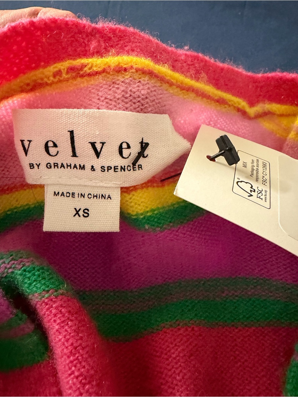 Velvet by Graham & Spencer Striped V-Neck Cardigan in Pink, Green & Yellow - Picture 9 of 10